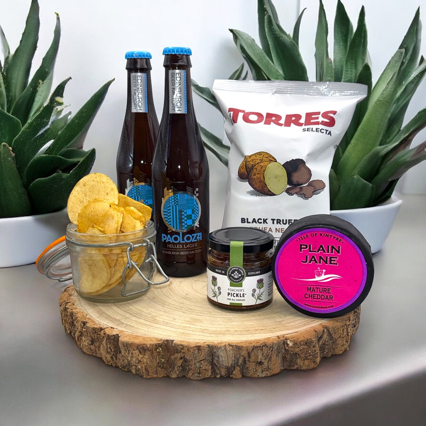 Truffle and Tipple Beer Hamper with Scottish cheddar, chutney, craft lager, and truffle crisps.