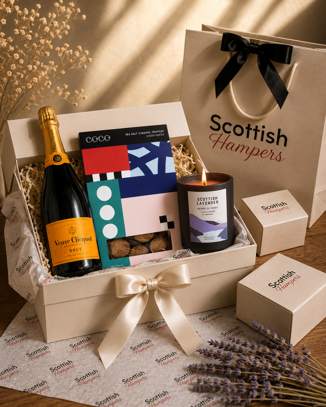 Scottish Hampers gift box with chocolates, sparkling wine and matching gift bags