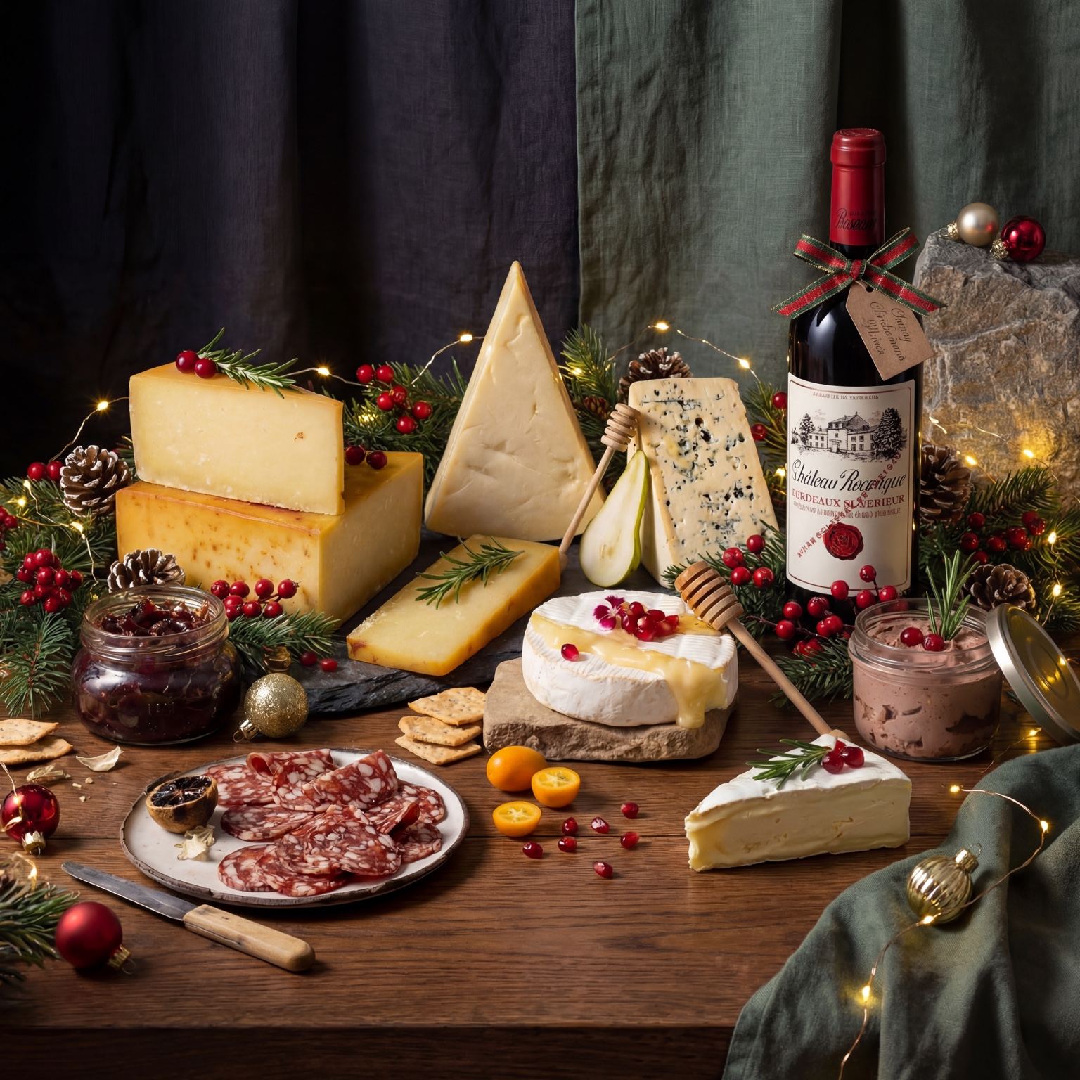 A festive Scottish Christmas cheese and wine hamper with artisan cheeses, oatcakes, chutney and wine
