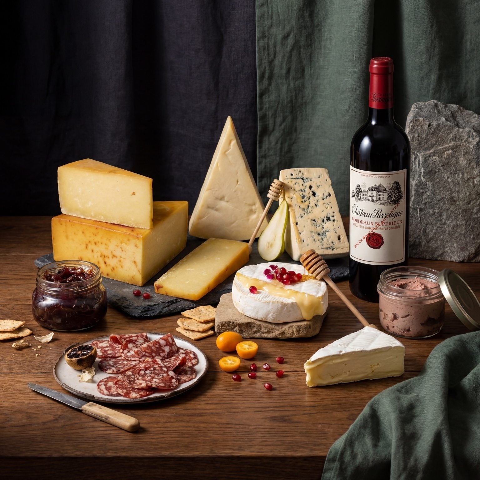 Create your own cheese hamper with Scottish artisan cheeses, chutneys, oatcakes and wine, hand-packed in Falkirk
