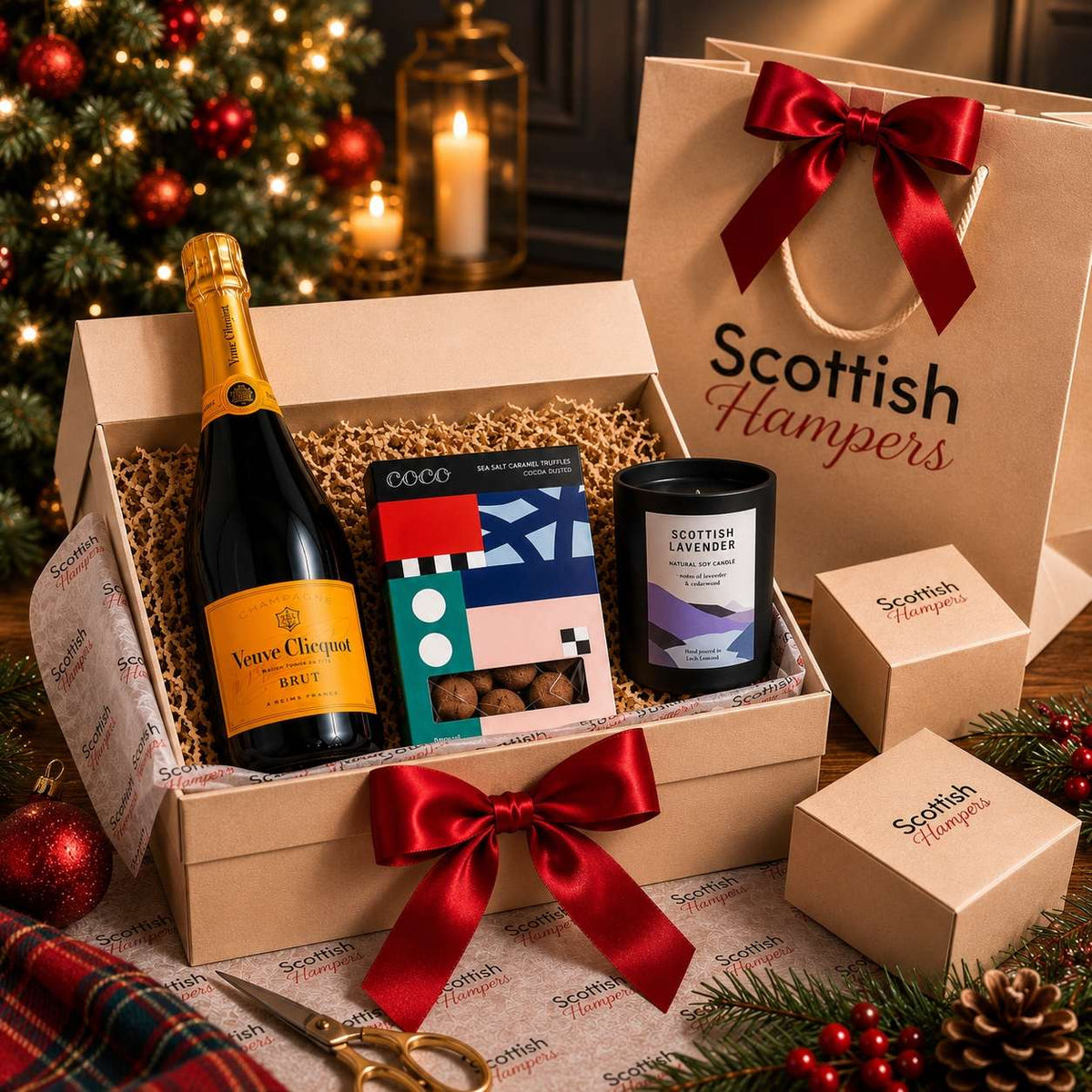 Scottish Hampers gift box with chocolates and sparkling wine beside a Christmas tree