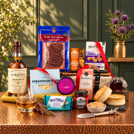 Balvenie Whisky Gift Hamper with Scotch whisky, cheese, cured beef, oatcakes, pies and Scottish sweets.