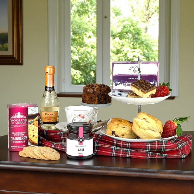Scottish afternoon tea gift hampers with shortbread, cakes, tea and traditional Scottish sweet treats