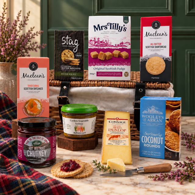 Highland Pantry Vegetarian Hamper with cheese, vegetable terrine, beetroot chutney, oatcakes, biscuits and Scottish fudge.