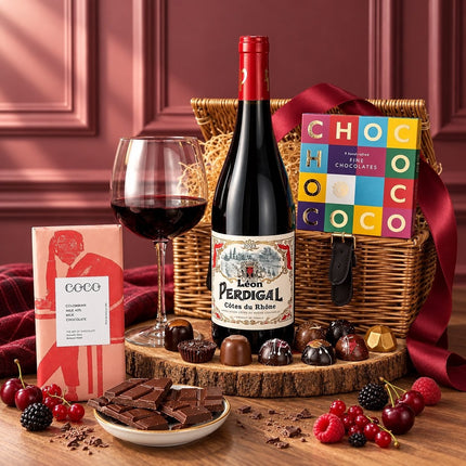 Red wine and chocolate gift basket with chocolate bars and truffles, styled with a glass of red wine.