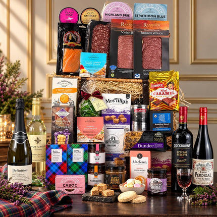 Large Scottish hamper with champagne, wine, charcuterie, cheese, biscuits, fudge and chocolates.
