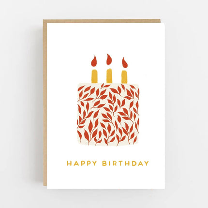 White birthday greeting card with an illustrated red and gold cake, three candles and the words Happy Birthday.