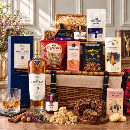 Macallan 18 whisky hamper with Scottish biscuits, tea, cake, fudge, preserves and savoury treats.