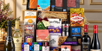 Large Scottish hamper with champagne, wine, charcuterie, cheese, biscuits, fudge and chocolates.