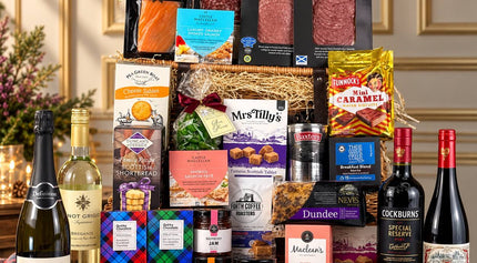 Large Scottish hamper with champagne, wine, charcuterie, cheese, biscuits, fudge and chocolates.