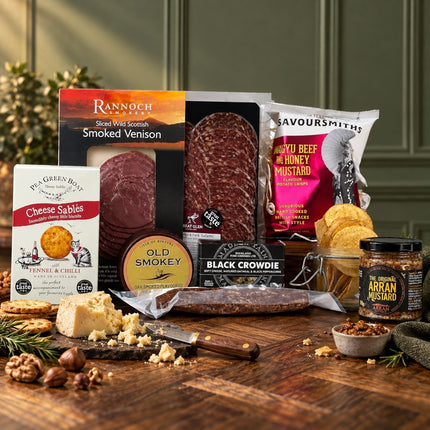 Scottish smoked venison and cheese gift hamper with charcuterie, cheese straws, crisps and chutney.