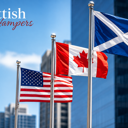 Scottish gift hamper packed with shortbread, chocolate and tea for delivery to the USA and Canada