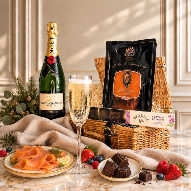 A luxury gift hamper set on a marble table featuring a bottle of Moët & Chandon Non Volontaire, a filled champagne flute, a wicker basket with a black bag of Brodie's Collection Ltd. chocolates, and plates of smoked salmon and chocolate desserts, styled with a beige cloth and greenery.
