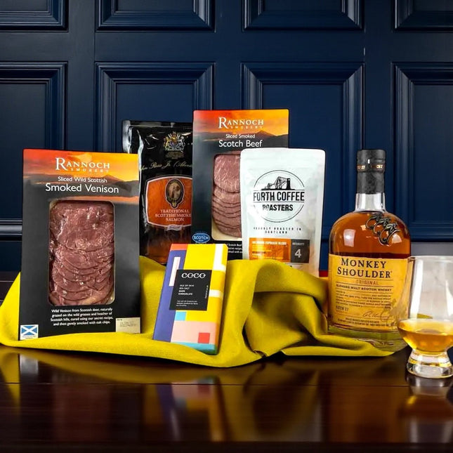 Create your own hamper with food and drink products including smoked venison, coffee, and whisky.