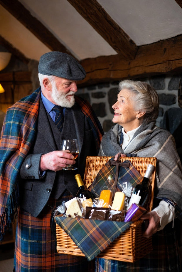 Granny and papa enjoying there gift hamper in traditional Scottish attire with a picnic basket in a rustic setting