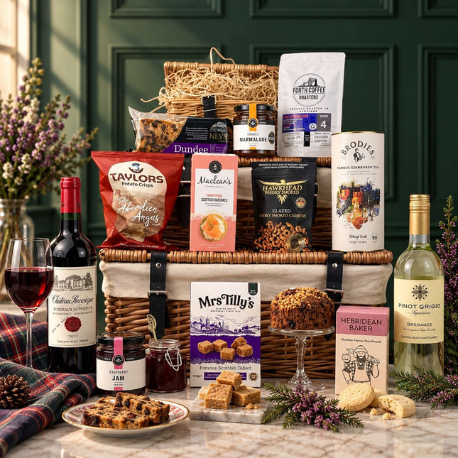 A large wicker gift hamper filled with assorted food items, displayed on a marble surface with wine, fruit, and decorative flowers. Visible products include Taysour Cream Cheese, Brooke's Lemon Ginger Tea, Mrs.