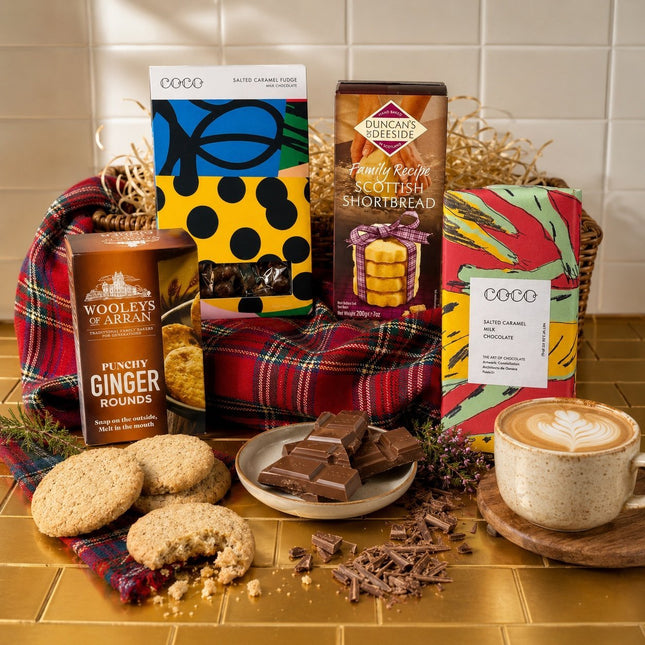 Assorted food items including cookies, chocolate, and coffee on a tiled surface.