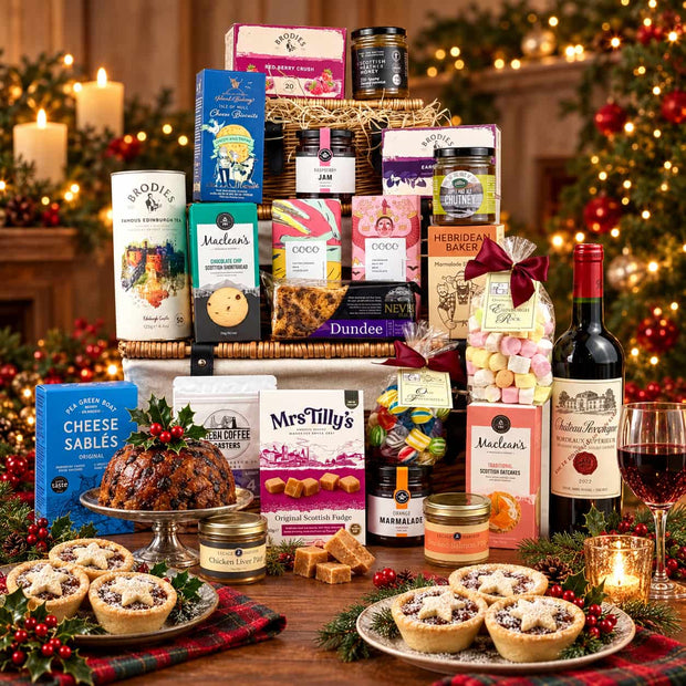 A festive Christmas hamper and table display filled with gourmet food items, including biscuits, chocolates, sweets, a bottle of red wine, and pastries, arranged around a large gift basket on a wooden table with candles, ornaments, and holiday lights in the background.