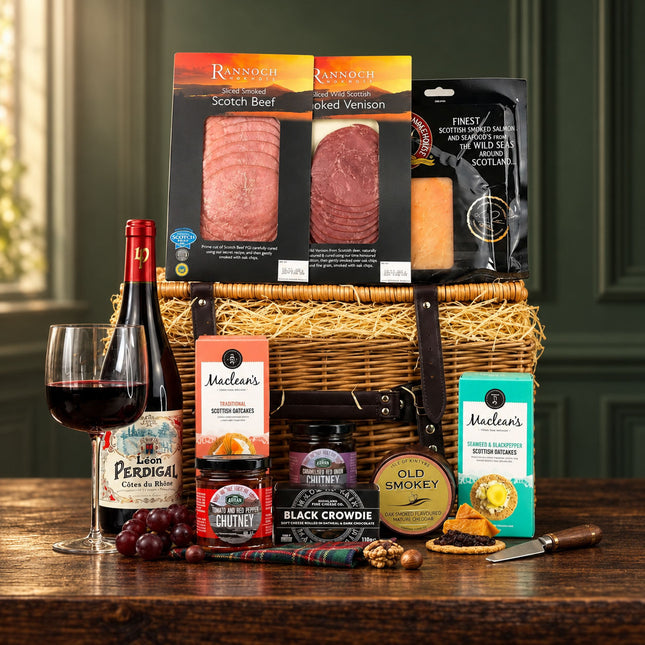 A gourmet gift hamper arranged in a wicker basket on a wooden table, featuring Rannoch Scotch Beef and smoked venison packages, a bottle of Llan Pedraig red wine with a glass, Nuclears spreads, an Old Smokey tea tin, and small snacks, set against a dark green paneled background.