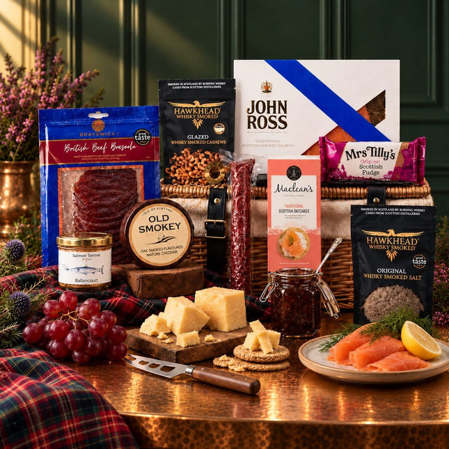 A gourmet gift hamper arranged on a copper table with a plaid blanket, featuring packaged meats, cheeses, spreads, crackers, and a bottle of salmon. Visible brands include John Ross, Mrs.