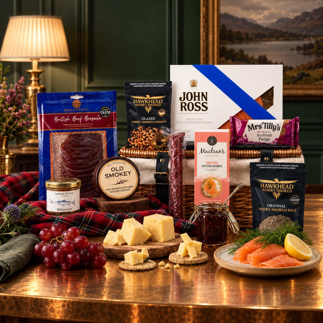 A gourmet charcuterie and cheese gift basket arranged on a copper-toned table with a plaid cloth, grapes, crackers, smoked salmon, jam, and assorted packaged snacks. Visible brands include John Ross, Mrs Tilly's, Hawkehead, and Nuclear.