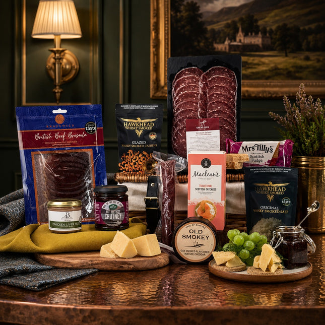 Assorted food products including meats, cheeses, and preserves on a wooden table with a decorative background.