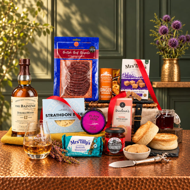A gourmet gift hamper arranged on a copper-toned table in front of a dark green paneled wall. The set includes a bottle of The Balvenie Doublewood whisky, a glass of whisky liquor,