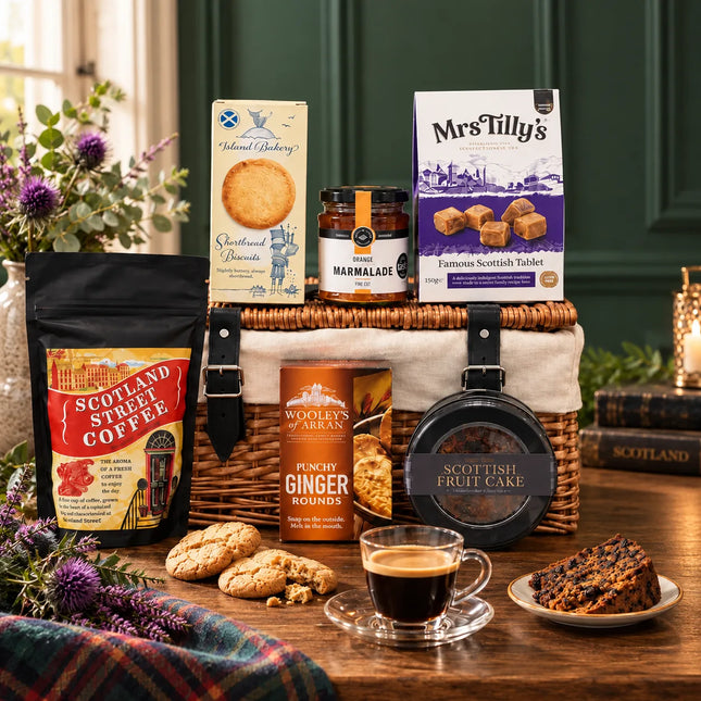 A Scottish gift hamper arranged on a wooden table with a wicker basket, coffee, cookies, and packaged snacks. Visible products include Scotland Street Coffee, Woolley's Airds Ginger Rounds, Mrs Tilly's Scottish Table Treats, and a jar of marmalade, with flowers and a green paneled wall in the background.