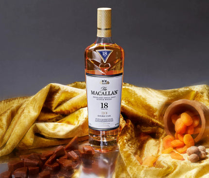 The Macallan 18 Year Old Double Cask whisky ultimate luxury Scottish hamper with artisan shortbread, Dundee cake, tablet and premium wines in luxury gift packaging