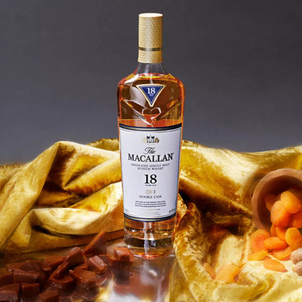 The Macallan 18 Year Old Double Cask whisky ultimate luxury Scottish hamper with artisan shortbread, Dundee cake, tablet and premium wines in luxury gift packaging