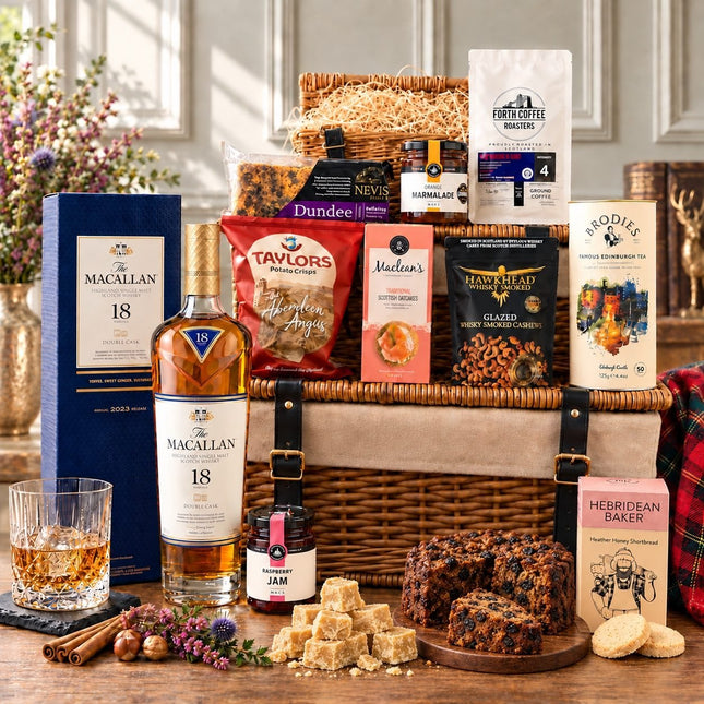 A luxury gift hamper styled on a wooden table in a bright room. The wicker basket contains a bottle of Macallan 18 Year Old whisky, a box of Dundee Navy biscuits, a bag of Tallow's Macarons, a bag of Macallan chocolate, a bag of Harrogate Hot Air Popcorn, and a bag of Brodie's Breakfast Tea.
