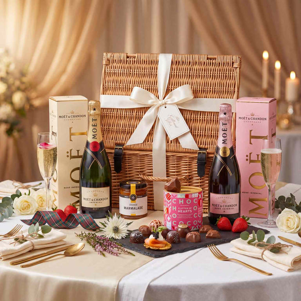 Gourmet gift basket with Moët & Chandon champagne, chocolates, and other treats on a table.
