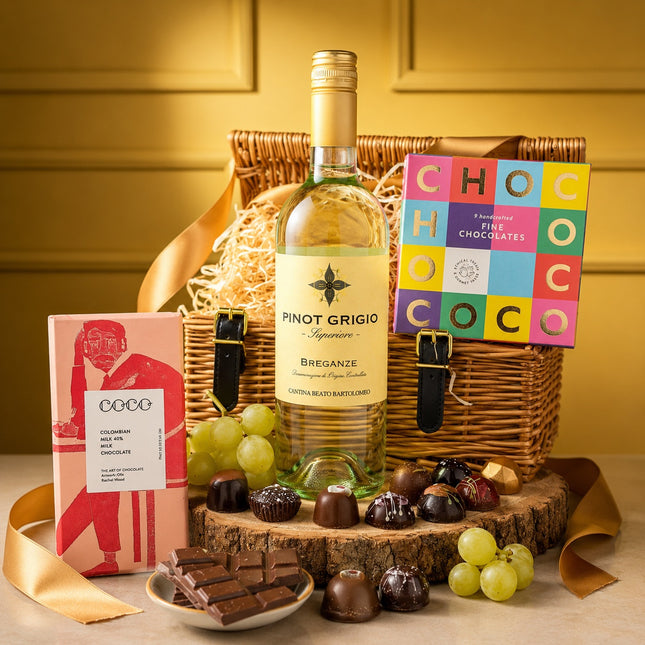 Wine gift set with Pinot Grigio, chocolates, and grapes on a wooden surface.