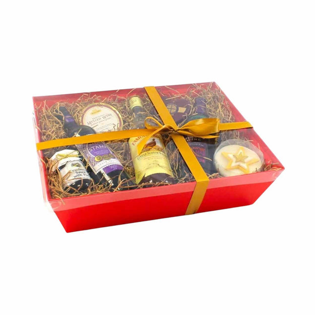 Luxury Scottish Wine, Cheese & Rillette Gift Hamper with cheddar, oatcakes, chutney and pork rillette.