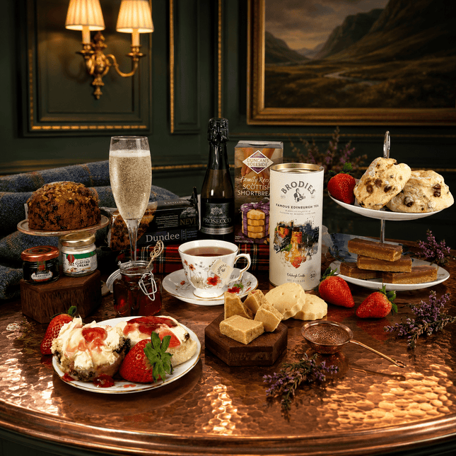Table setting with food, drinks, and snacks in a cozy room with decorative elements.