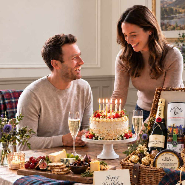 A man and woman smile around a birthday cake on a rustic table set with a large gift basket, champagne, cheese, fruit, and a 'Happy Birthday' card in a bright indoor room.