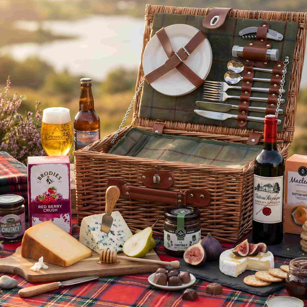 Picnic basket with food and drinks on a tablecloth in a scenic outdoor setting