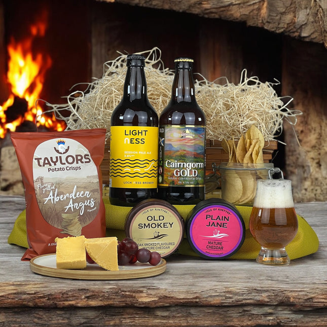 cheese and beer gift set, Scottish ale hamper, cheddar and craft beer, luxury food and drink gift