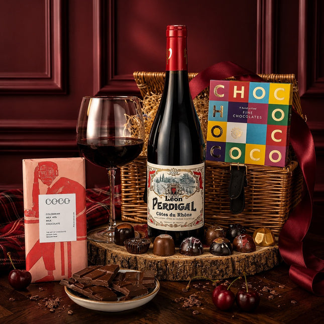 Wine bottle, glass, chocolates, and a box of chocolates on a wooden surface with a dark background.
