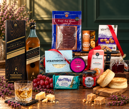 The Double Black Scottish Feast Hamper with Johnnie Walker Double Black Whisky, Scottish cheeses, Scotch pies, oatcakes and sweet treats