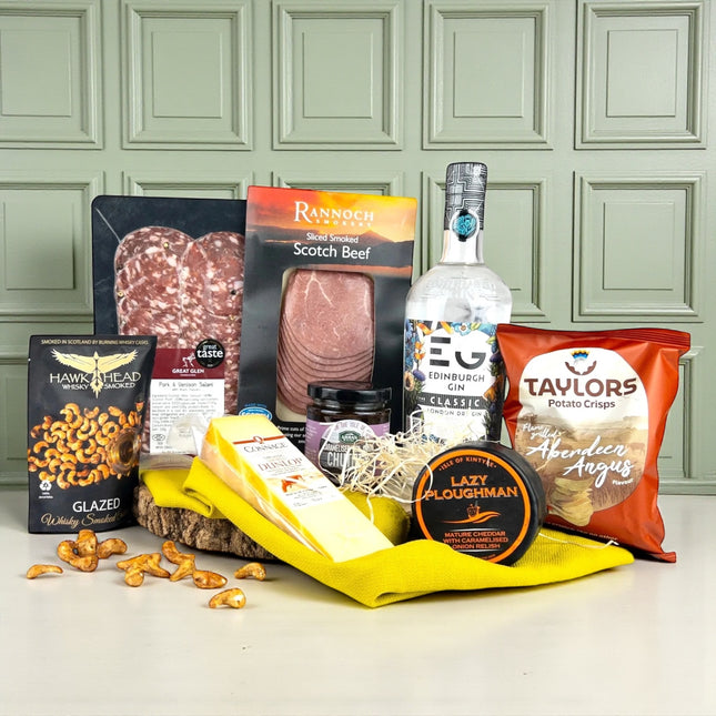 Edinburgh Gin and Snack Gift Hamper with bottle of gin, cheese, salami, crisps and chutney in luxury presentation tray