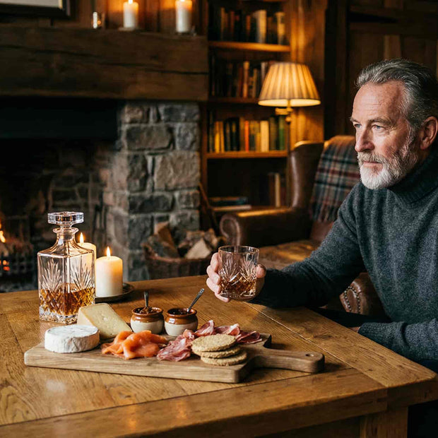 dad sitting at a wooden table with food and drinks with a fathers day gift hampers