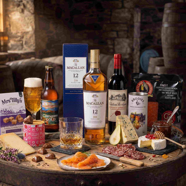 Assorted drinks and snacks on a wooden barrel with a rustic background