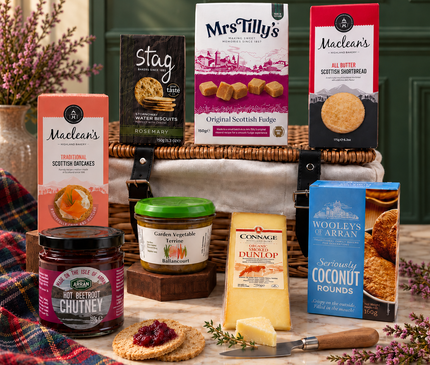 The Highland Pantry Vegetarian Hamper with Connage smoked Dunlop cheese, vegetable terrine, beetroot chutney, oatcakes, rosemary biscuits, shortbread, coconut rounds and Scottish fudge