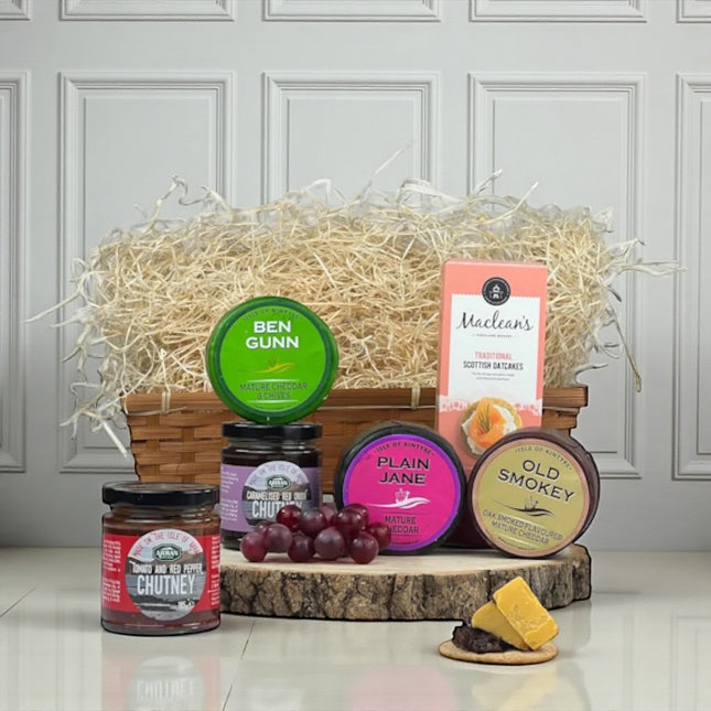 Artisan cheese selection hamper with Isle of Kintyre cheeses, chutneys and oatcakes from Scottish Hampers
