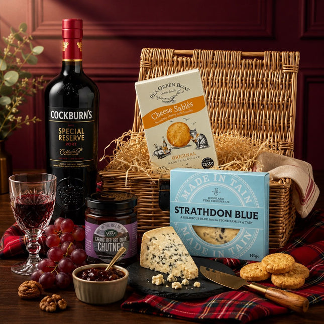 Gourmet gift basket with Cockburn's Special Reserve wine, cheese, and other snacks on a wooden table.