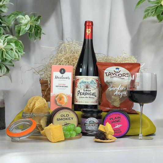 red wine and cheese gift box, Scottish cheese hamper, wine and snack gift set, luxury food and drink hamper
