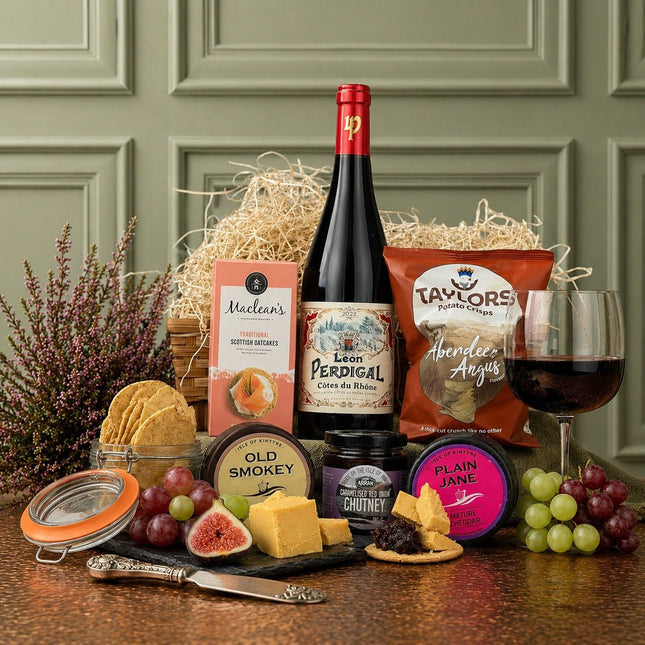 Gourmet gift set with wine, cheese, fruits, and crackers on a wooden surface.