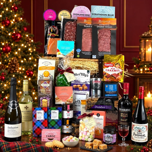 Scottish Festive Feast Hamper with cheeses, smoked meats, sweet treats, wine, prosecco and port in a Christmas setting