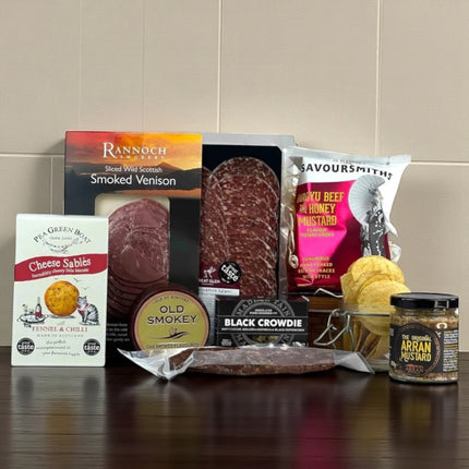 Smoked Wild Venison and Cheese Highland Feast Hamper with Scottish charcuterie, artisan cheese, and gourmet accompaniments